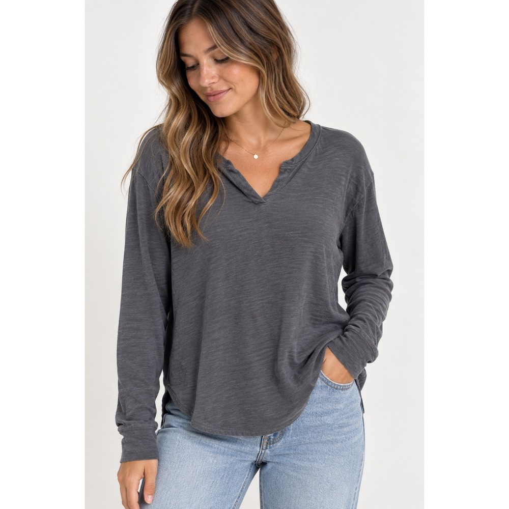 Duluth Trading Co Womens Large Gray Cotton Slub Knit Notch V-Neck Long Sleeve